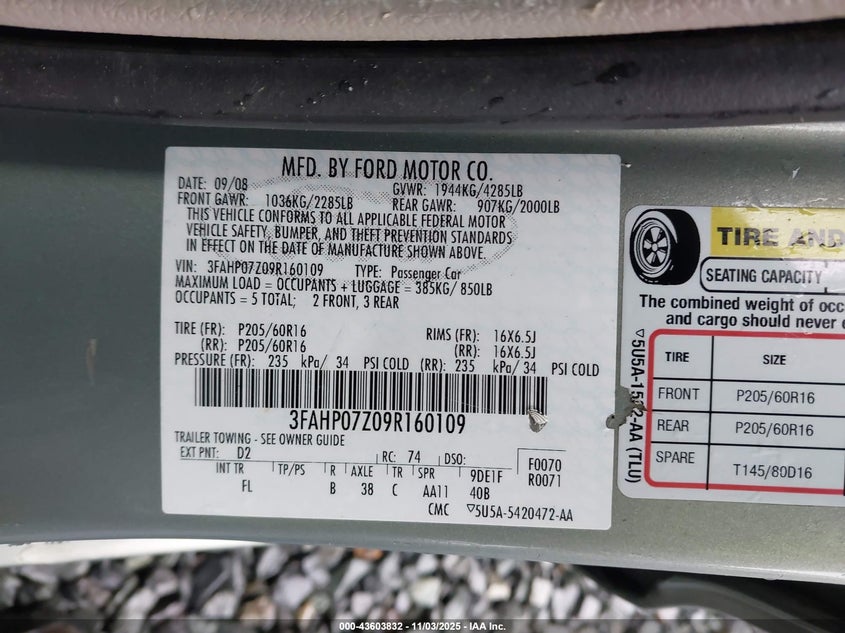 2009 Ford Fusion Se VIN: 3FAHP07Z09R160109 Lot: 43603832
