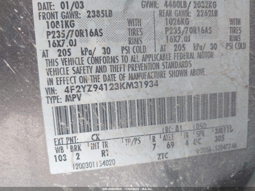 2003 Mazda Tribute Lx V6 VIN: 4F2YZ94123KM31934 Lot: 43603834