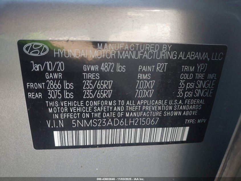 2020 HYUNDAI SANTA FE SE 5NMS23AD6LH215067