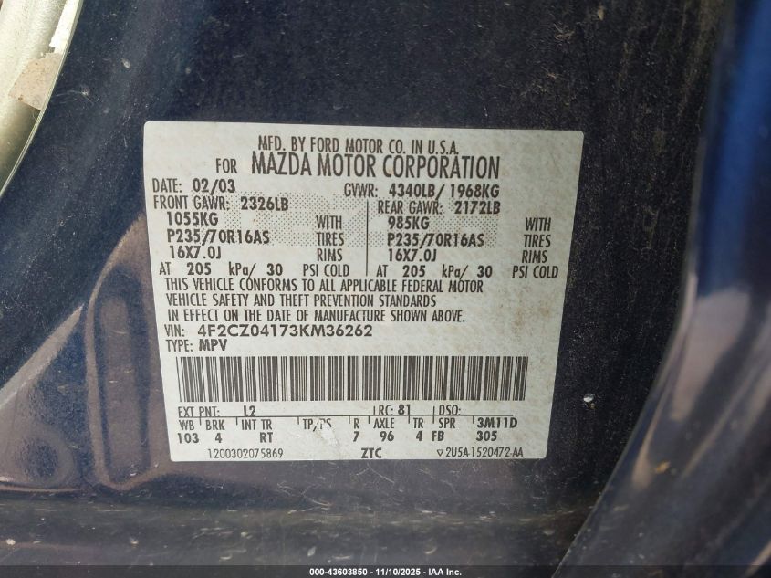 2003 Mazda Tribute VIN: ISAACWINKLEMAN Lot: 43603850