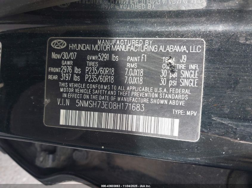 2008 Hyundai Santa Fe Limited/Se VIN: 5NMSH73E08H171683 Lot: 43603863