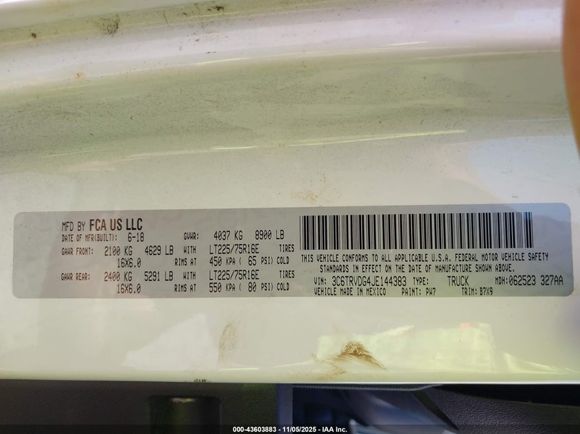 2018 Ram Promaster 2500 High Roof 159 Wb VIN: 3C6TRVDG4JE144383 Lot: 43603883