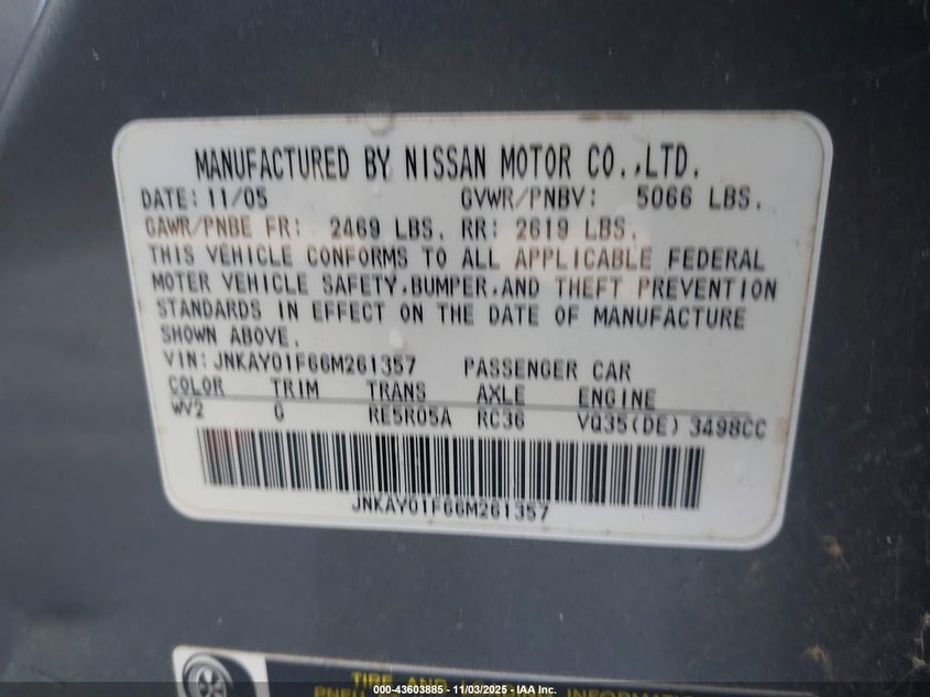 2006 Infiniti M35X VIN: JNKAY01F66M261357 Lot: 43603885