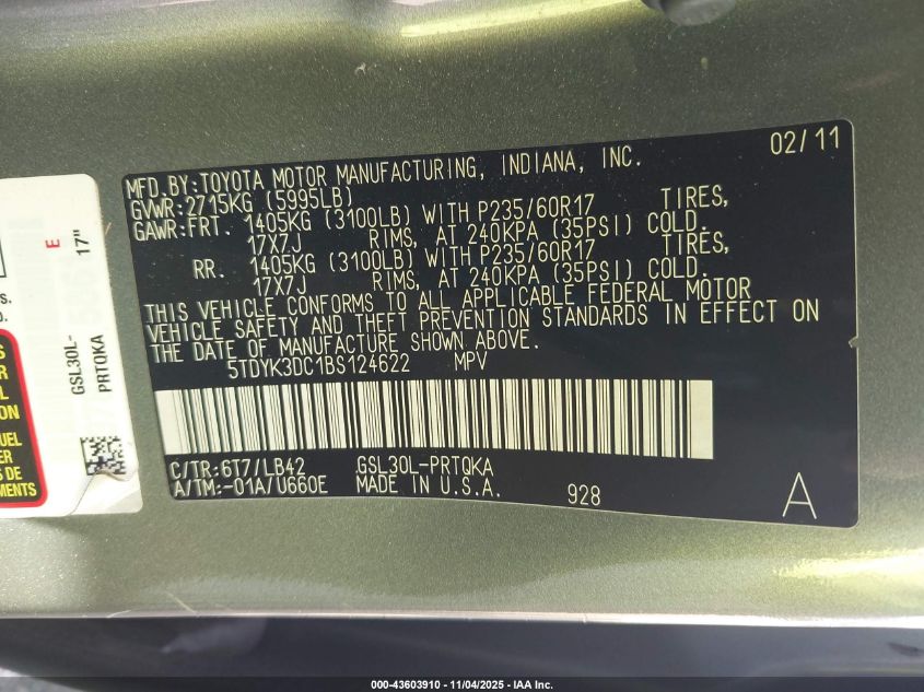 2011 Toyota Sienna Xle V6 VIN: 5TDYK3DC1BS124622 Lot: 43603910