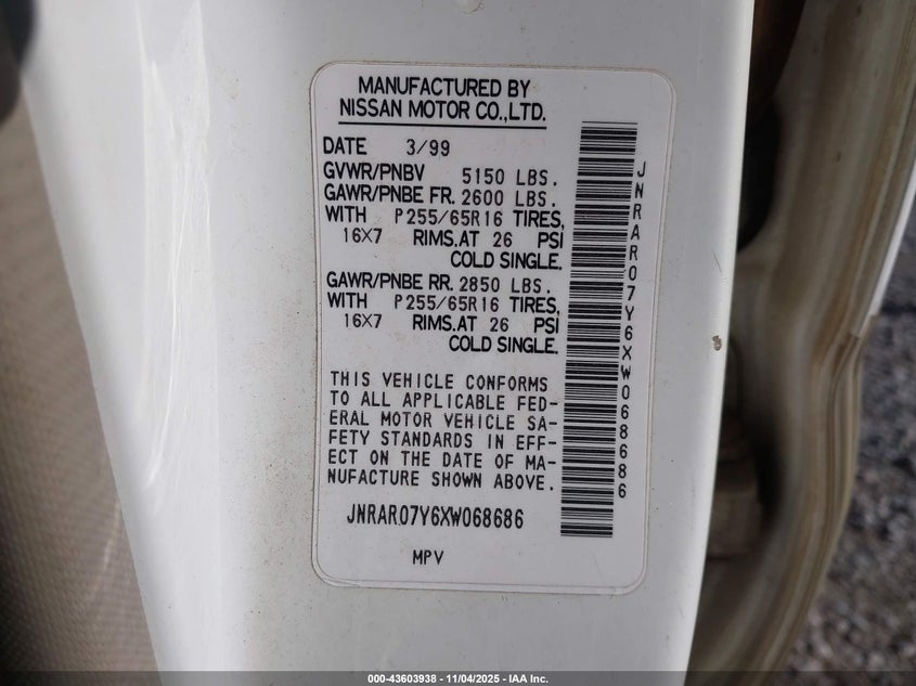 1999 Infiniti Qx4 Luxury VIN: JNRAR07Y6XW068686 Lot: 43603938