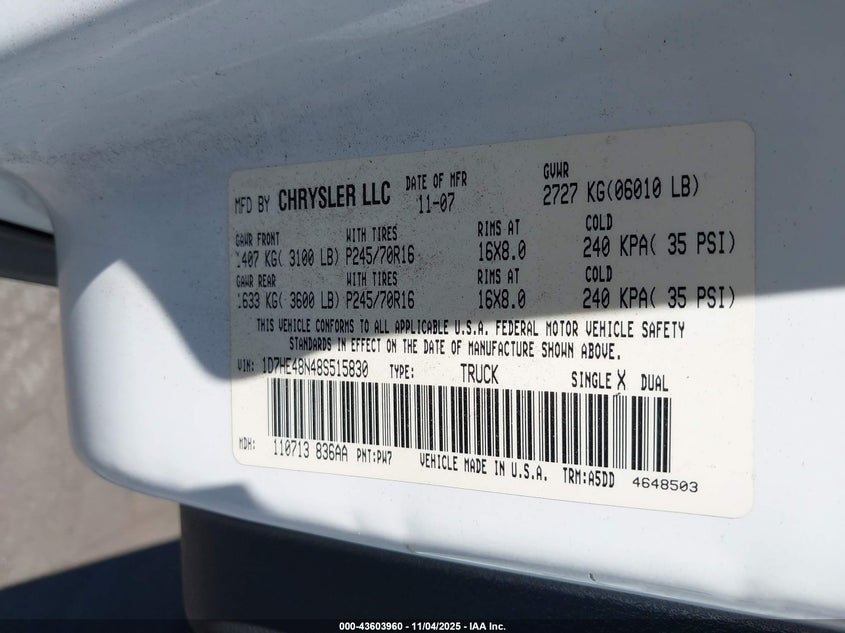 2008 Dodge Dakota Slt VIN: 1D7HE48N48S515830 Lot: 43603960