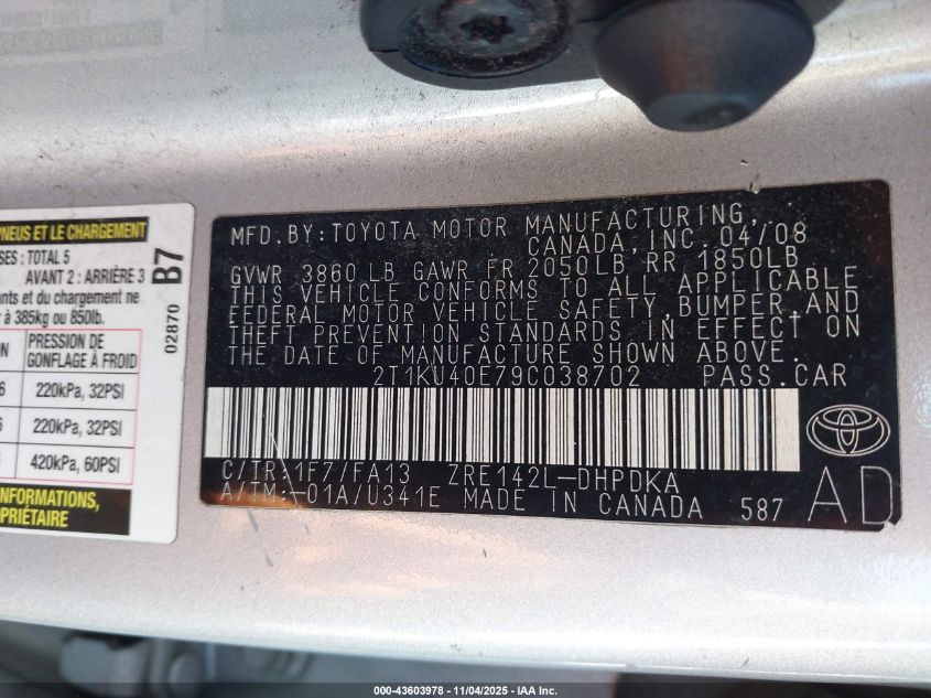 2009 Toyota Matrix VIN: 2T1KU40E79C038702 Lot: 43603978