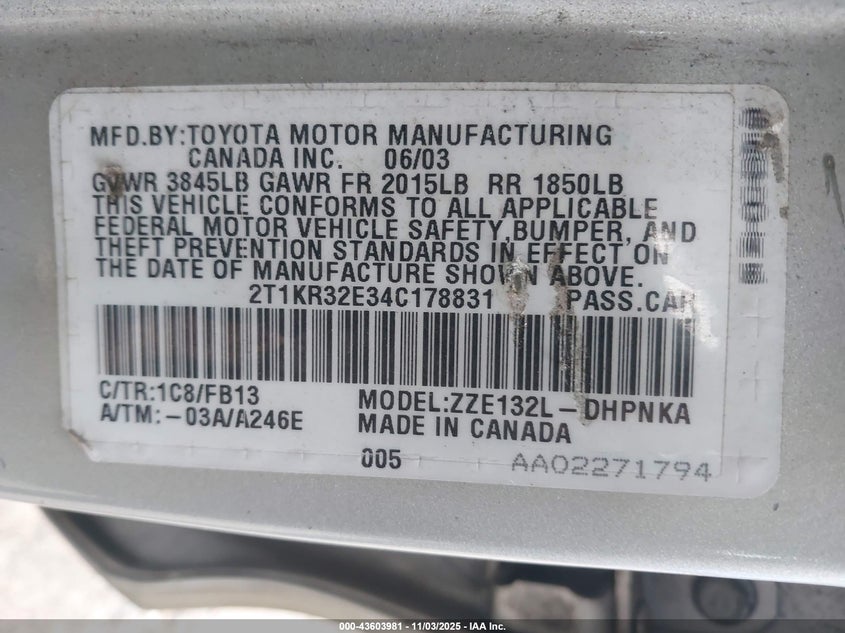 2004 Toyota Matrix Xr VIN: 2T1KR32E34C178831 Lot: 43603981