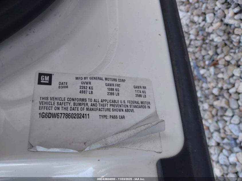 2006 Cadillac Sts V6 VIN: 1G6DW677860202411 Lot: 43604000