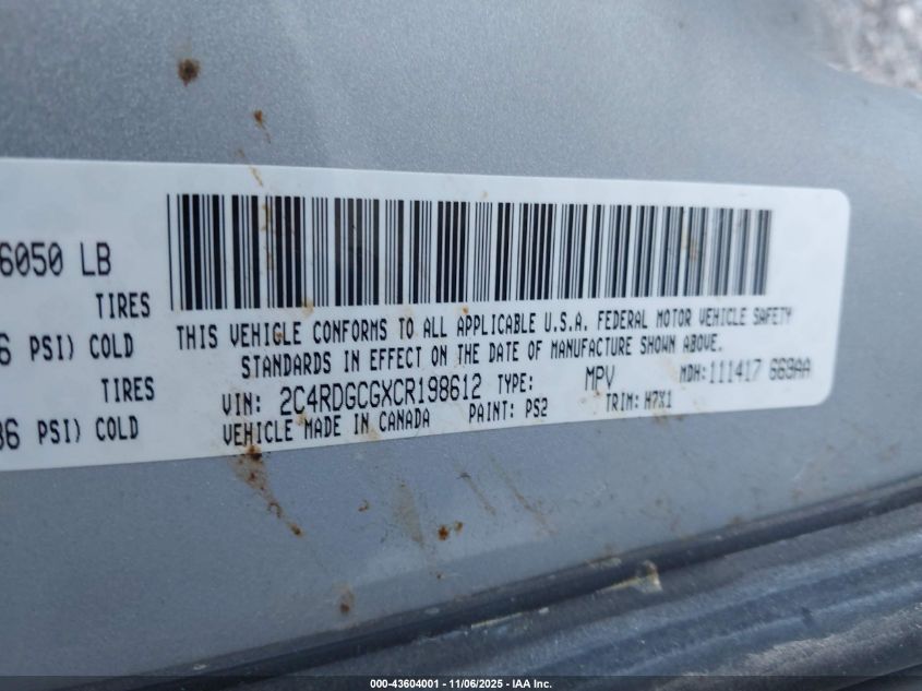 2012 Dodge Grand Caravan Sxt VIN: 2C4RDGCGXCR198612 Lot: 43604001