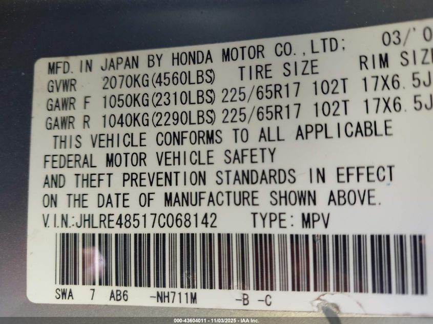 2007 Honda Cr-V Ex VIN: JHLRE48517C068142 Lot: 43604011