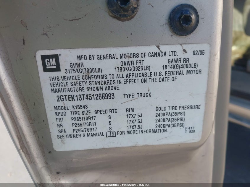 2005 GMC Sierra 1500 Slt VIN: 2GTEK13T451268993 Lot: 43604040