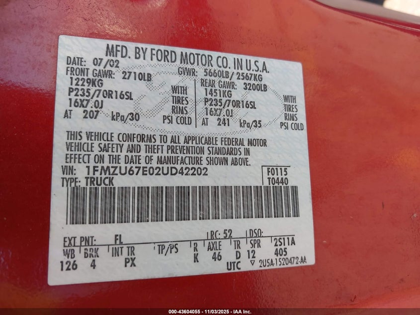 2002 Ford Explorer Sport Trac VIN: 1FMZU67E02UD42202 Lot: 43604055