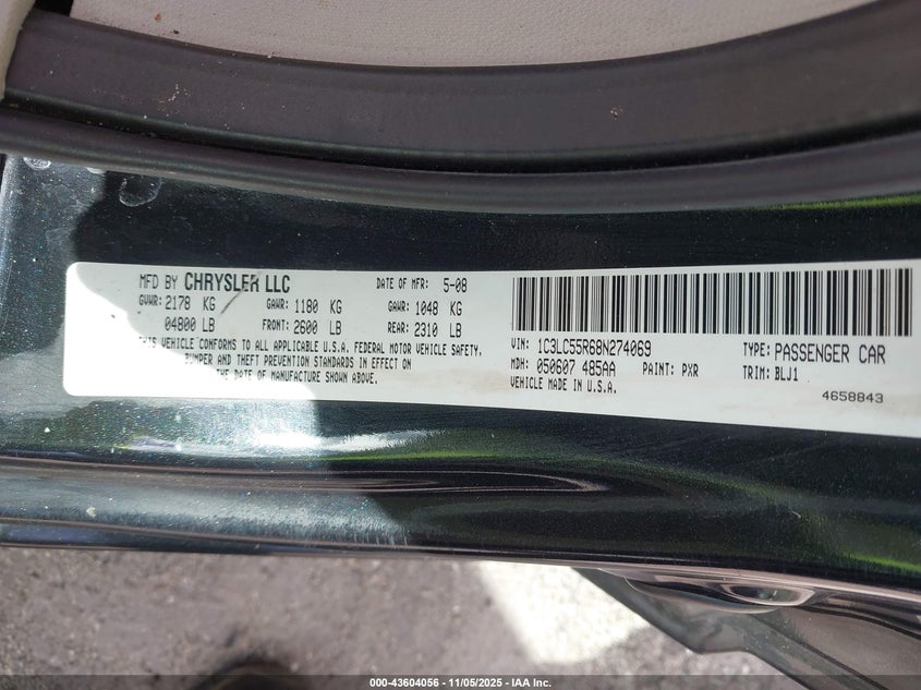 2008 Chrysler Sebring Touring VIN: 1C3LC55R68N274069 Lot: 43604056