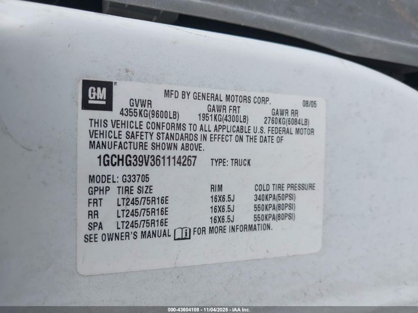 2006 Chevrolet Express Work Van VIN: 1GCHG39V361114267 Lot: 43604108