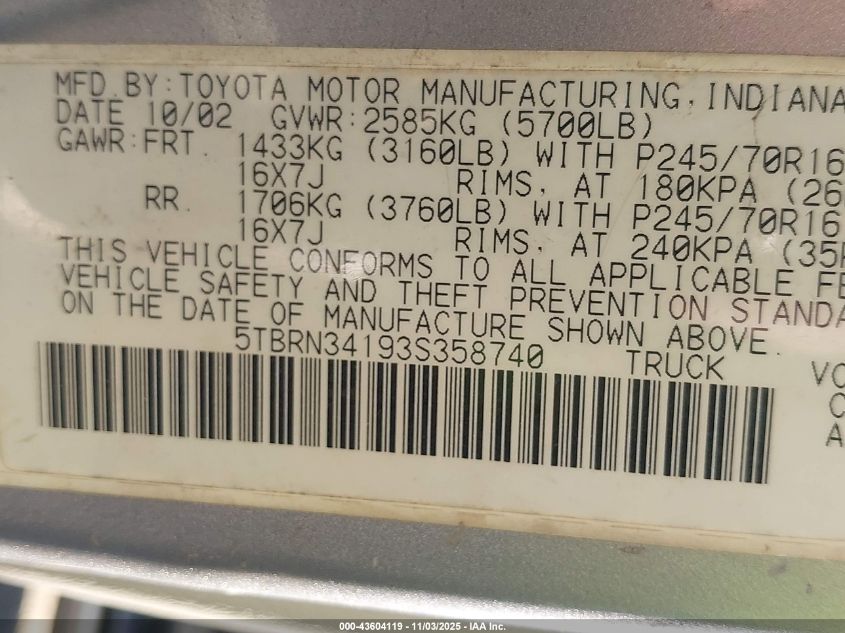 2003 Toyota Tundra Access Cab Sr5 VIN: 5TBRN34193S358740 Lot: 43604119