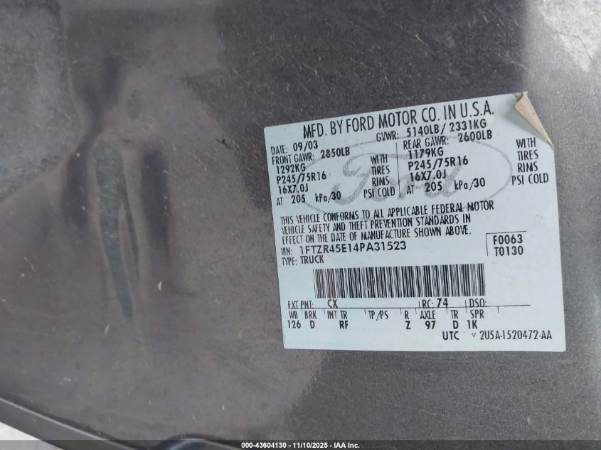 2004 Ford Ranger Edge/Tremor/Xlt VIN: 1FTZR45E14PA31523 Lot: 43604130