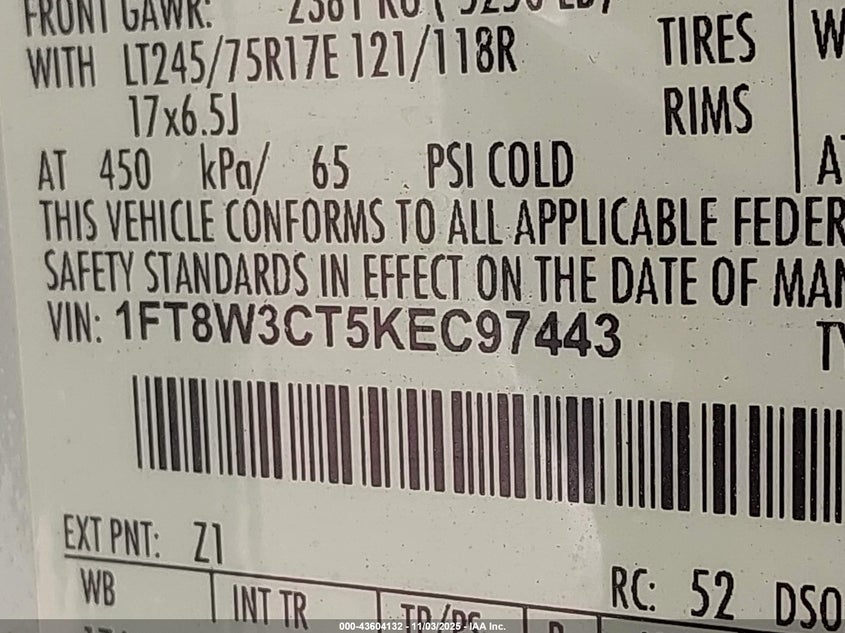 2019 Ford F-350 Xl VIN: 1FT8W3CT5KEC97443 Lot: 43604132