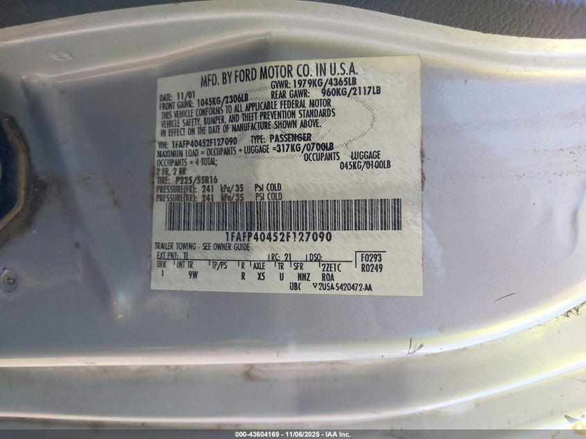 2002 Ford Mustang VIN: 1FAFP40452F127090 Lot: 43604169