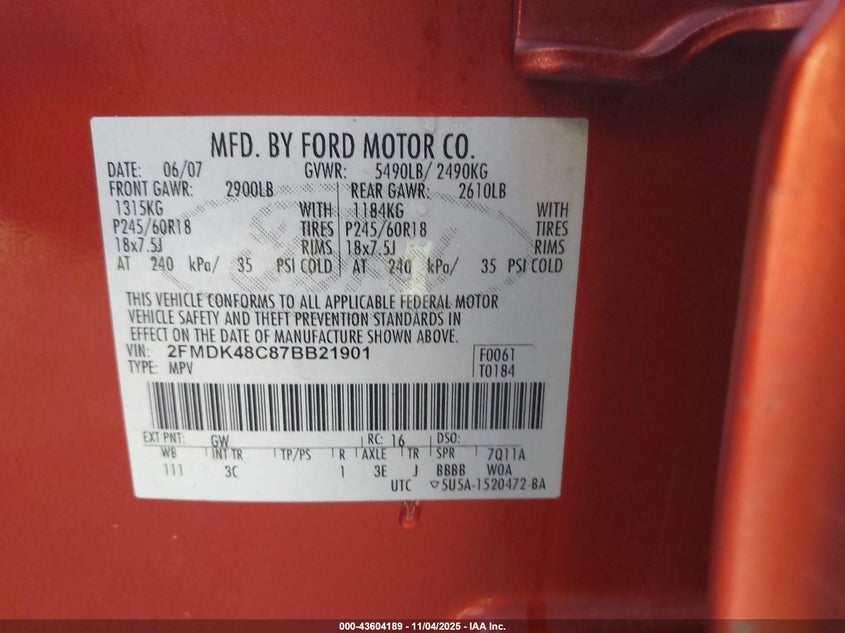 2FMDK48C87BB21901 2007 FORD EDGE photo no. 9