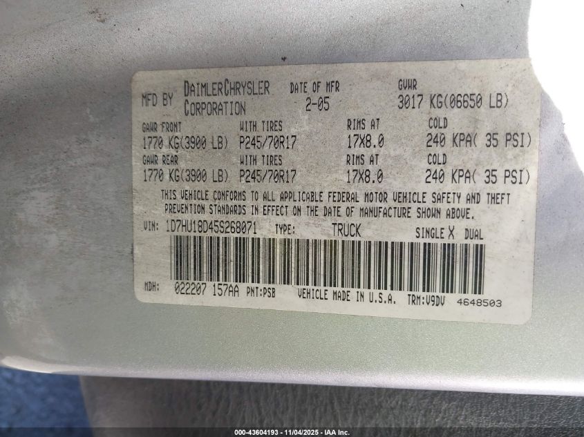 2005 Dodge Ram 1500 Slt/Laramie VIN: 1D7HU18D45S268071 Lot: 43604193