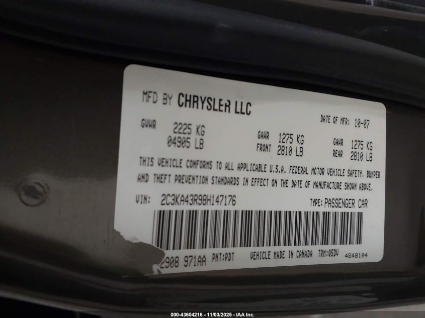 2008 Chrysler 300 Lx VIN: 2C3KA43R98H147176 Lot: 43604216