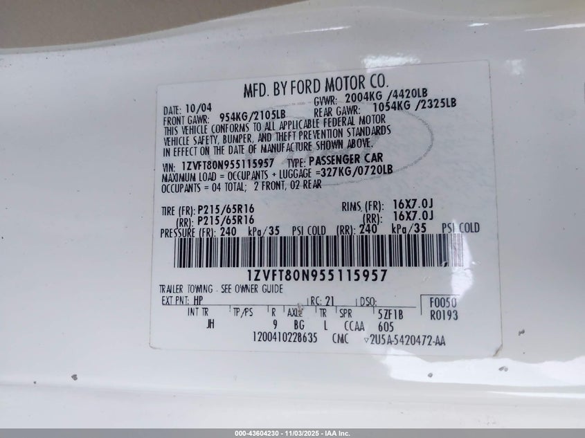 1ZVFT80N955115957 2005 FORD MUSTANG photo no. 9