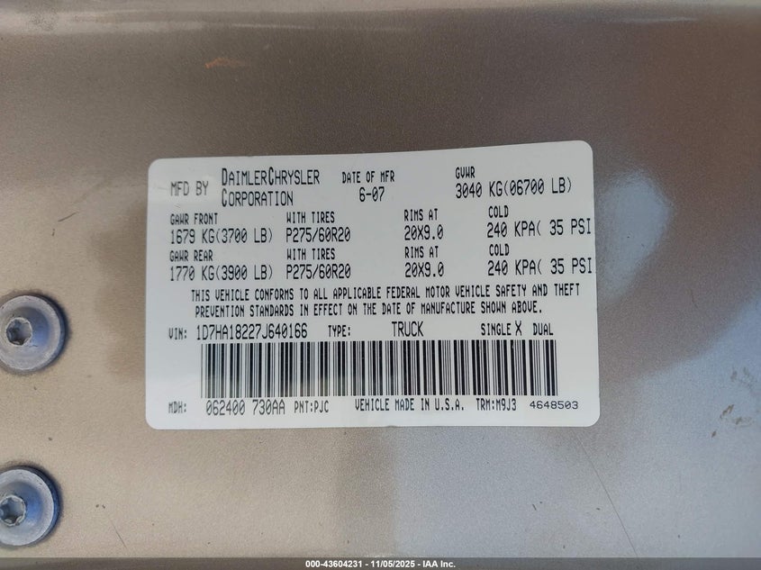 2007 Dodge Ram 1500 Slt VIN: 1D7HA18227J640166 Lot: 43604231