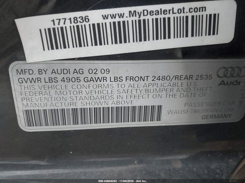 2009 Audi A4 2.0T Premium VIN: WAUSF78K09N062100 Lot: 43604252