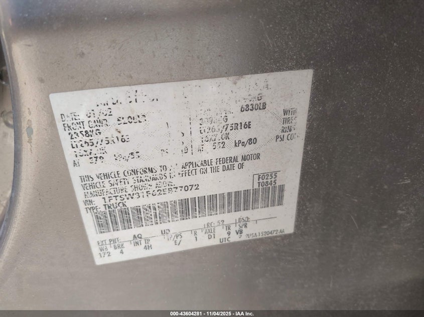 2002 Ford F-350 Lariat/Xl/Xlt VIN: 1FTSW31F62EB77072 Lot: 43604281