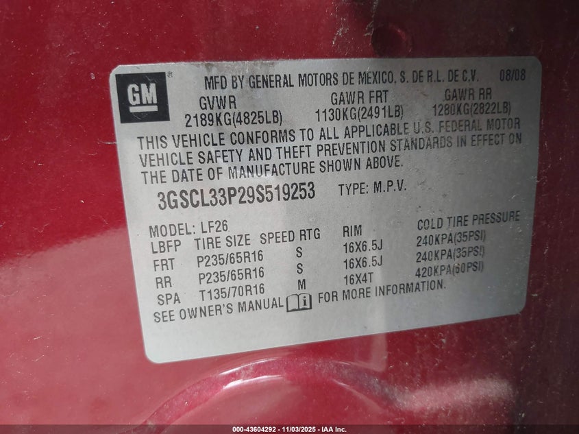 2009 Saturn Vue 4-Cyl Xe VIN: 3GSCL33P29S519253 Lot: 43604292