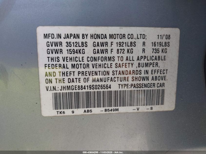 2009 Honda Fit Sport VIN: JHMGE88419S026564 Lot: 43604299