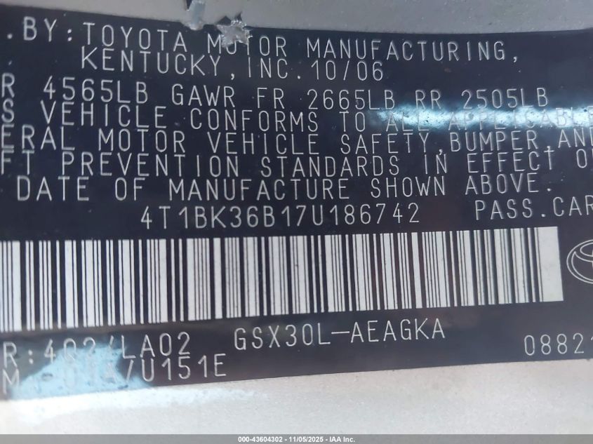 2007 Toyota Avalon Xls VIN: 4T1BK36B17U186742 Lot: 43604302