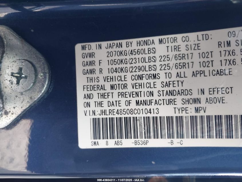 2008 Honda Cr-V Ex VIN: JHLRE48508C010413 Lot: 43604311