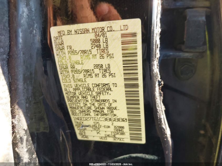 2001 Nissan Frontier Xe-V6 VIN: 1N6ED27T61C386880 Lot: 43604322