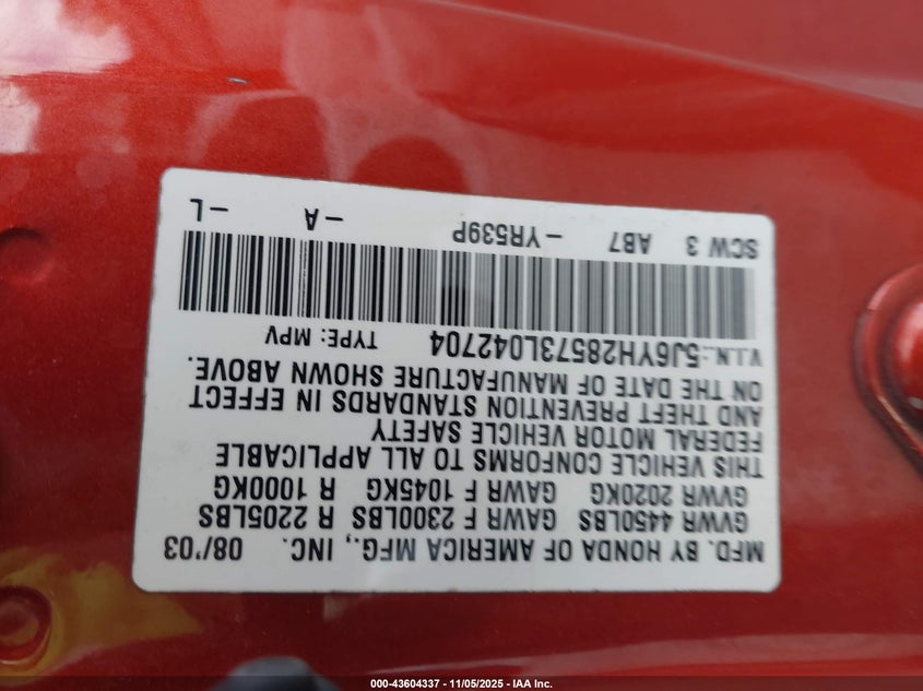 2003 Honda Element Ex VIN: 5J6YH28573L042704 Lot: 43604337