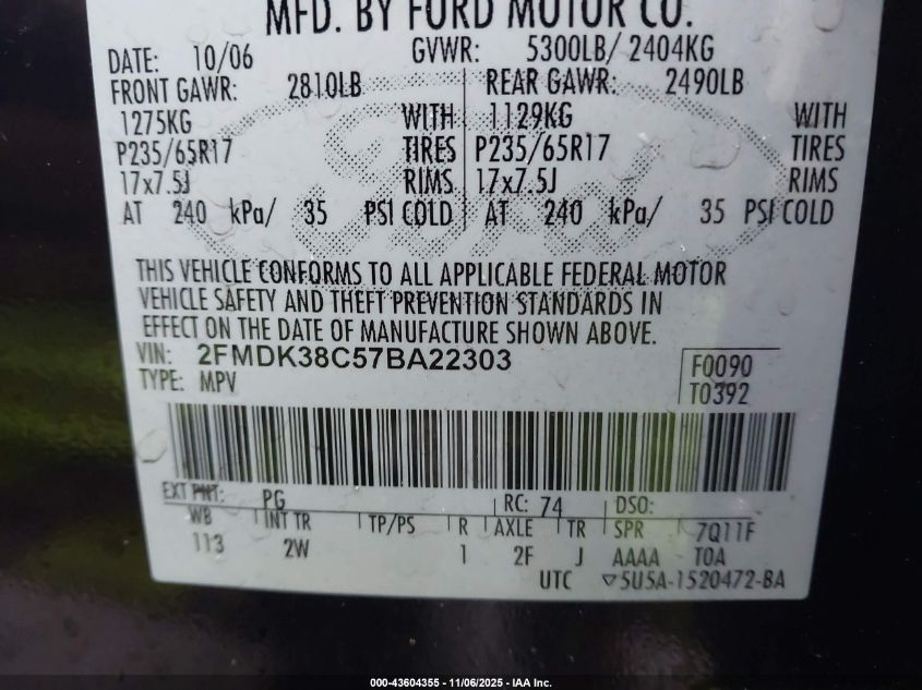 2007 Ford Edge Sel VIN: 2FMDK38C57BA22303 Lot: 43604355