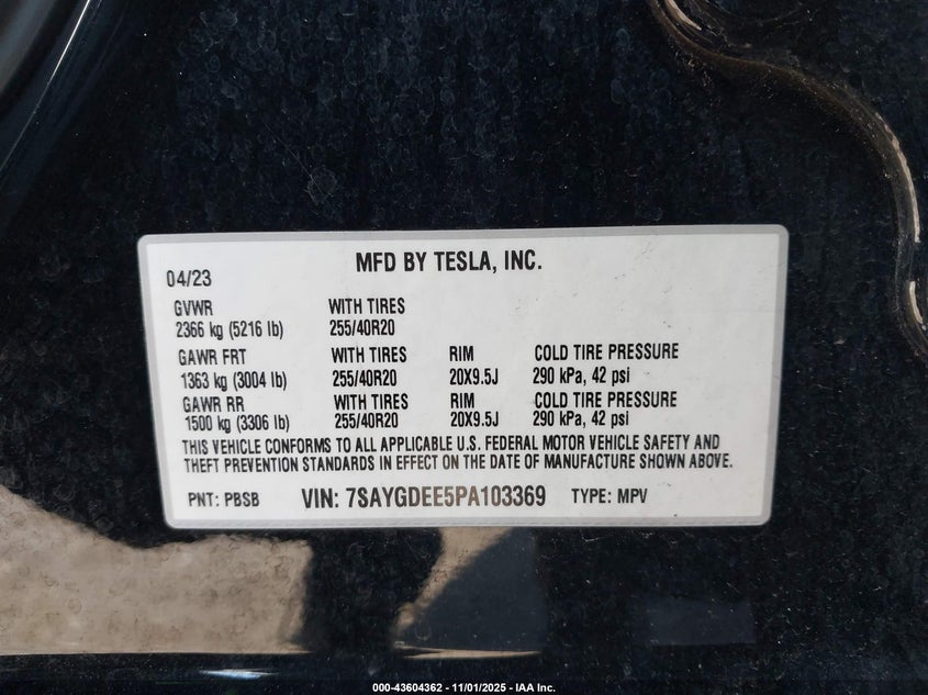2023 Tesla Model Y Awd/Long Range Dual Motor All-Wheel Drive VIN: 7SAYGDEE5PA103369 Lot: 43604362