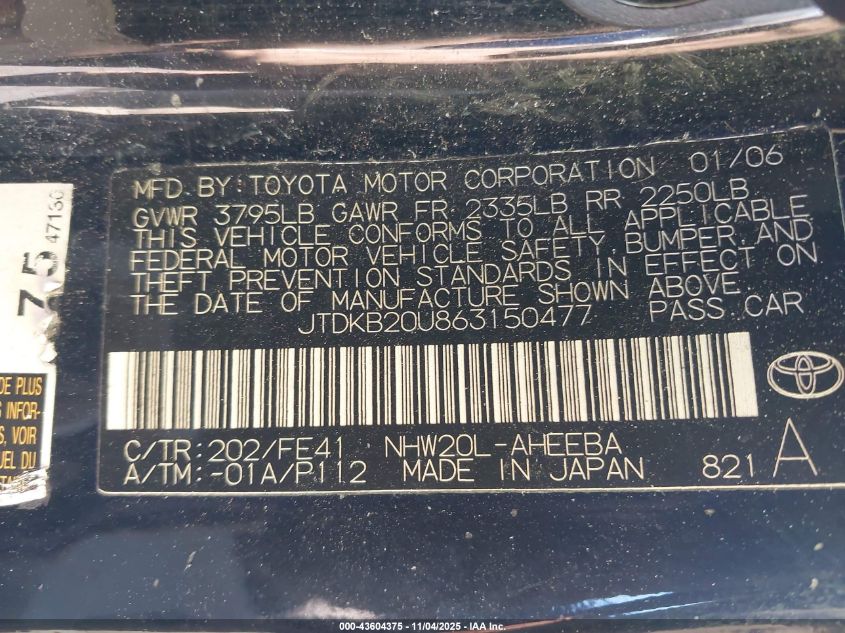 2006 Toyota Prius VIN: JTDKB20U863150477 Lot: 43604375