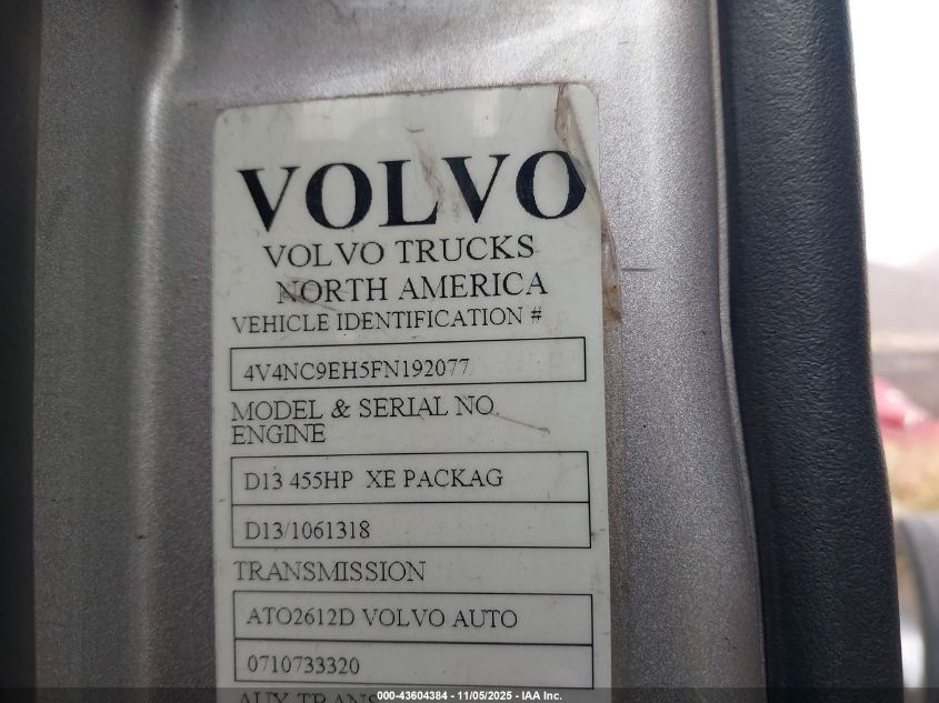 2015 Volvo Vn Vnl VIN: 4V4NC9EH5FN192077 Lot: 43604384