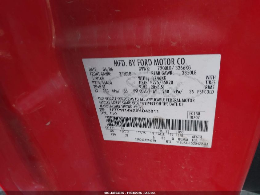 2006 Ford F-150 Fx4/Lariat/Xlt VIN: 1FTPW14VX6KD43811 Lot: 43604385