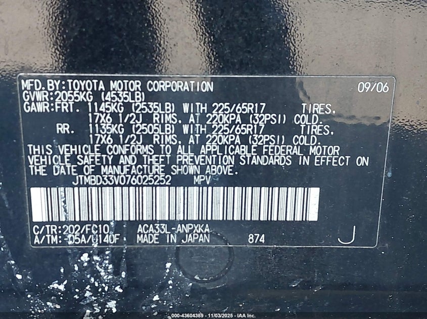 2007 Toyota Rav4 VIN: JTMBD33V076025252 Lot: 43604389