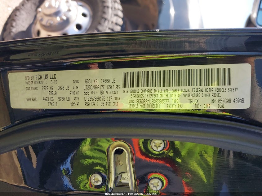 2019 Ram 3500 Laramie 4X4 6'4 Box VIN: 3C63RRML2KG580577 Lot: 43604397