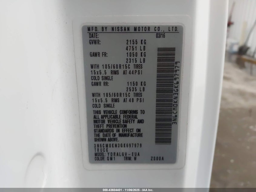 2016 Nissan Nv200 Sv VIN: 3N6CM0KN3GK697979 Lot: 43604401