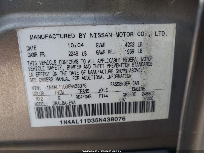 2005 Nissan Altima 2.5 S VIN: 1N4AL11D35N438076 Lot: 43604403