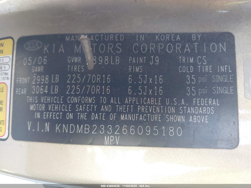 2006 Kia Sedona Ex/Lx VIN: KNDMB233266095180 Lot: 43604426