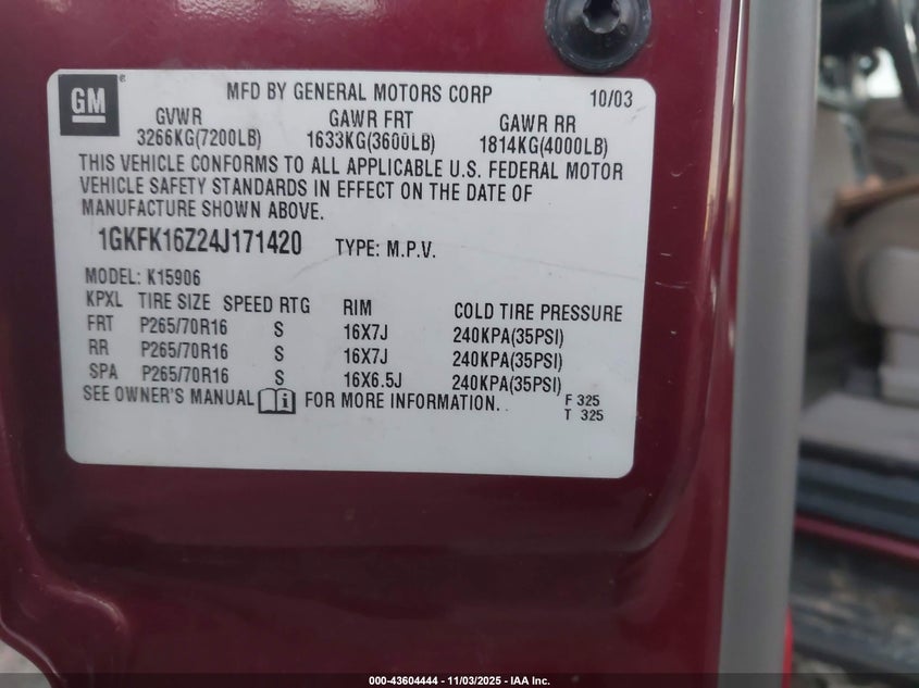 2004 GMC Yukon Xl 1500 Sle VIN: 1GKFK16Z24J171420 Lot: 43604444
