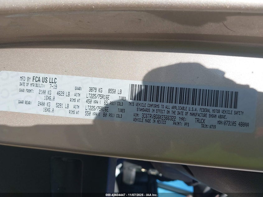 2019 RAM PROMASTER 1500 HIGH ROOF 136 WB - 3C6TRVBG6KE566322