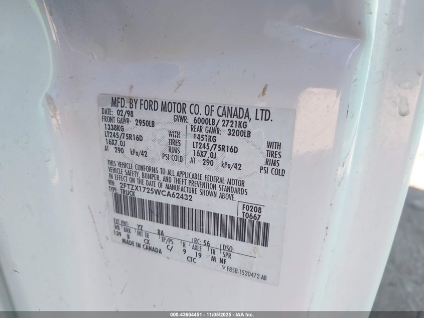 1998 Ford F-150 Standard/Xl/Xlt VIN: 2FTZX1725WCA62432 Lot: 43604451