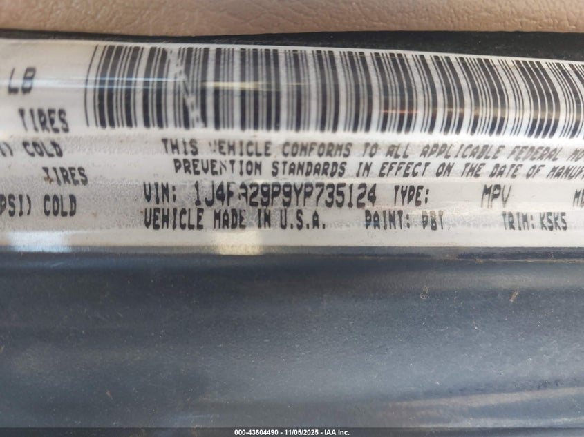 2000 Jeep Wrangler Se VIN: 1J4FA29P9YP735124 Lot: 43604490